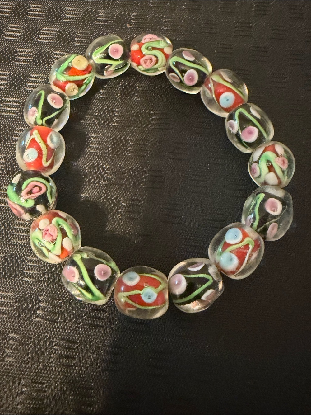 Artisan Glass Bead Stretch Bracelet - Red Floral Design